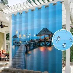 Waterproof Outdoor Curtain Privacy, Sliding Patio Curtain Drapes, Pergola Curtains Grommet 3D Ocean Vacation Landscape For Gazebo, Balcony, Porch, Party, 1 Panel
