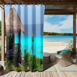 Waterproof Outdoor Curtain Privacy, Sliding Patio Curtain Drapes, Pergola Curtains Grommet 3D Ocean Vacation Landscape For Gazebo, Balcony, Porch, Party, 1 Panel