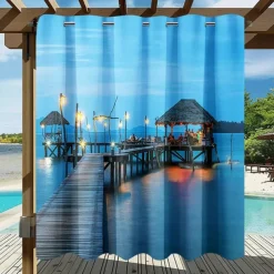Waterproof Outdoor Curtain Privacy, Sliding Patio Curtain Drapes, Pergola Curtains Grommet 3D Ocean Vacation Landscape For Gazebo, Balcony, Porch, Party, 1 Panel