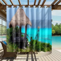 Waterproof Outdoor Curtain Privacy, Sliding Patio Curtain Drapes, Pergola Curtains Grommet 3D Ocean Vacation Landscape For Gazebo, Balcony, Porch, Party, 1 Panel
