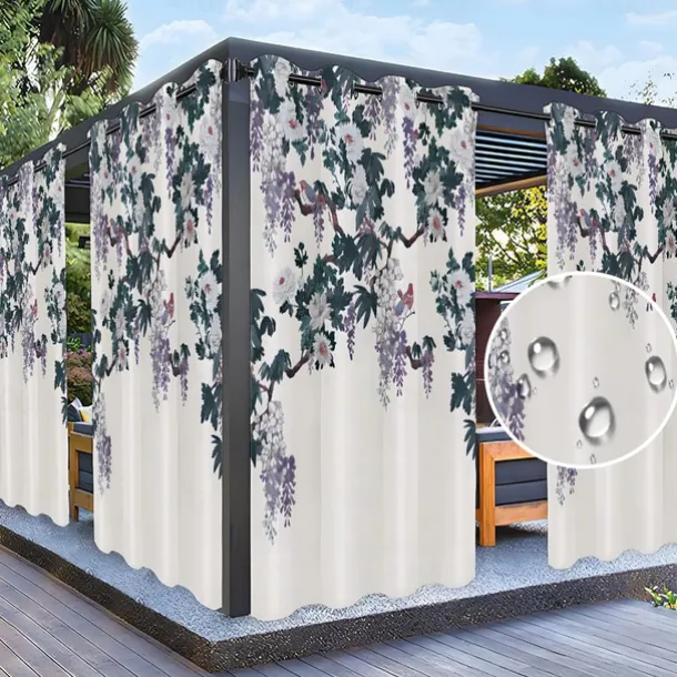Waterproof Outdoor Curtain Privacy, Sliding Patio Curtain Drapes, Pergola Curtains Grommet Wisteria 3D For Gazebo, Balcony, Porch, Party, 1 Panel