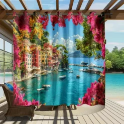 Waterproof Outdoor Curtain Privacy, Sliding Patio Curtain Drapes, Pergola Curtains Grommet 3D Ocean Landscape For Gazebo, Balcony, Porch, Party, 1 Panel