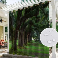 Waterproof Outdoor Curtain Privacy, Sliding Patio Curtain Drapes, Pergola Curtains Grommet 3D Forest Landscape For Gazebo, Balcony, Porch, Party, 1 Panel