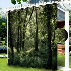 Waterproof Outdoor Curtain Privacy, Sliding Patio Curtain Drapes, Pergola Curtains Grommet 3D Forest Landscape For Gazebo, Balcony, Porch, Party, 1 Panel