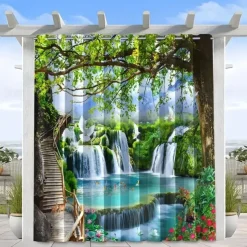 Waterproof Outdoor Curtain Privacy, Sliding Patio Curtain Drapes, Pergola Curtains Grommet 3D Forest Landscape For Gazebo, Balcony, Porch, Party, 1 Panel