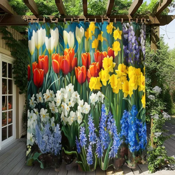 Waterproof Outdoor Curtain Privacy, Sliding Patio Curtain Drapes, Pergola Curtains Grommet 3D Flowers Tulips Landscape For Gazebo, Balcony, Porch, Party, 1 Panel