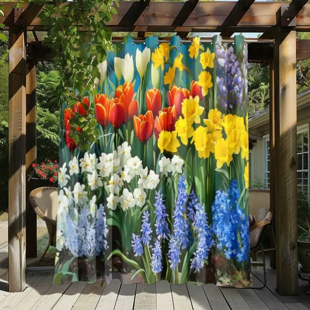 Waterproof Outdoor Curtain Privacy, Sliding Patio Curtain Drapes, Pergola Curtains Grommet 3D Flowers Tulips Landscape For Gazebo, Balcony, Porch, Party, 1 Panel