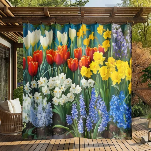 Waterproof Outdoor Curtain Privacy, Sliding Patio Curtain Drapes, Pergola Curtains Grommet 3D Flowers Tulips Landscape For Gazebo, Balcony, Porch, Party, 1 Panel