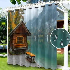 Waterproof Outdoor Curtain Privacy, Sliding Patio Curtain Drapes, Pergola Curtains Grommet 3D Lake Side House for Gazebo, Balcony, Porch, Party, 1 Panel