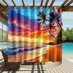 Waterproof Outdoor Curtain Privacy, Sliding Patio Curtain Drapes, Pergola Curtains Grommet 3D Ocean Beach Landscape For Gazebo, Balcony, Porch, Party, 1 Panel