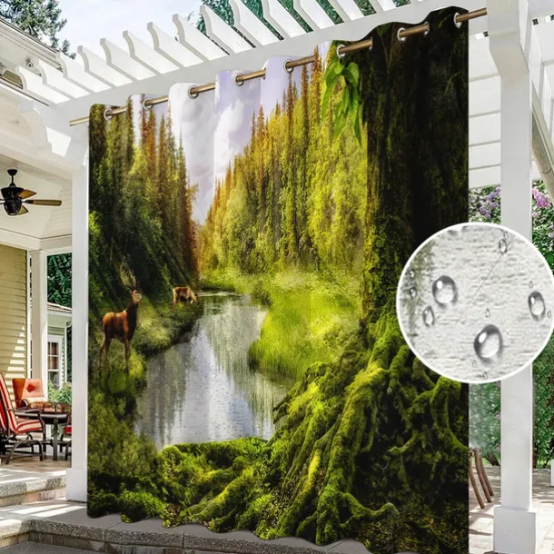 Waterproof Outdoor Curtain Privacy, Sliding Patio Curtain Drapes, Pergola Curtains Grommet 3D Forest Landscape For Gazebo, Balcony, Porch, Party