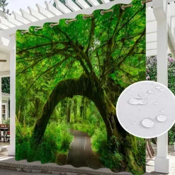 Waterproof Outdoor Curtain Privacy, Sliding Patio Curtain Drapes, Pergola Curtains Grommet 3D Forest Landscape For Gazebo, Balcony, Porch, Party