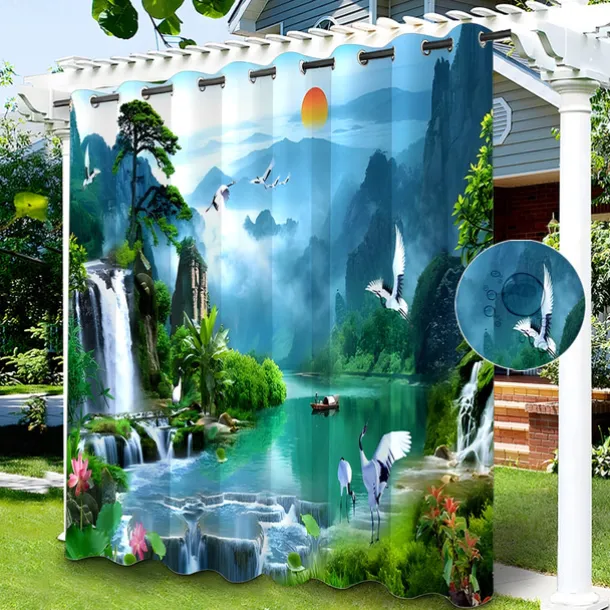 Waterproof Outdoor Curtain Privacy, Sliding Patio Curtain Drapes, Pergola Curtains Grommet 3D Chinese Painting for Gazebo, Balcony, Porch, Party, 1 Panel