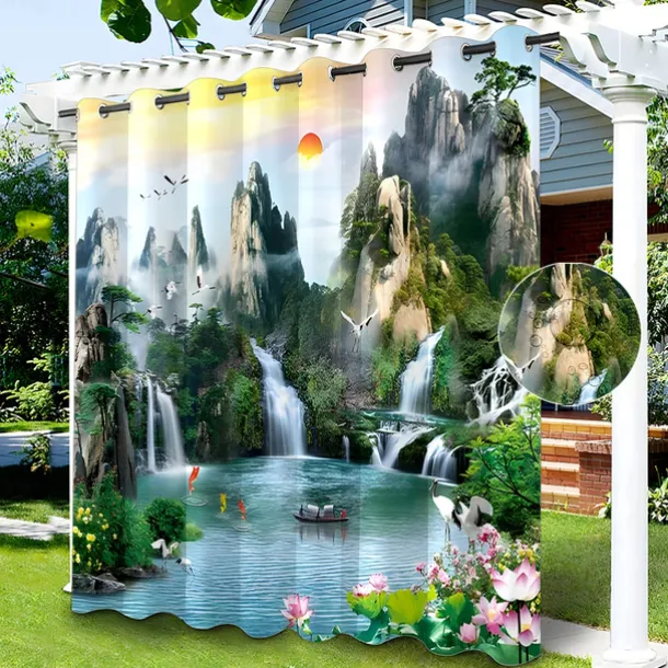 Waterproof Outdoor Curtain Privacy, Sliding Patio Curtain Drapes, Pergola Curtains Grommet 3D Chinese Painting for Gazebo, Balcony, Porch, Party, 1 Panel