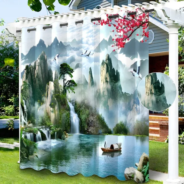 Waterproof Outdoor Curtain Privacy, Sliding Patio Curtain Drapes, Pergola Curtains Grommet 3D Chinese Painting for Gazebo, Balcony, Porch, Party, 1 Panel