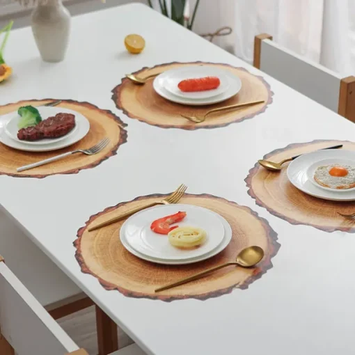 Waterproof Ring of Tree 3D Trunk Wooden Placemats Set Of 4 Farmhouse Forest Theme Dining Table Decoration Pad For Home, Hotel, Party, PP Material Rustic Wood Grain Heat Insulation Mat