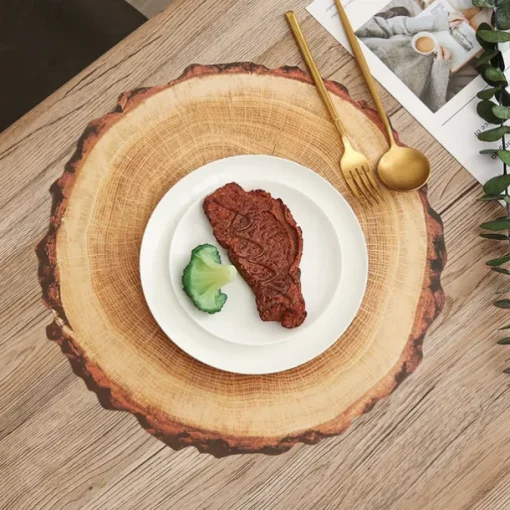 Waterproof Ring of Tree 3D Trunk Wooden Placemats Set Of 4 Farmhouse Forest Theme Dining Table Decoration Pad For Home, Hotel, Party, PP Material Rustic Wood Grain Heat Insulation Mat