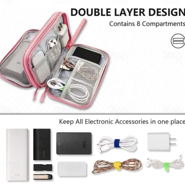 Waterproof Travel Cable Organizer Bag, Double-Layer Electronics Accessories Storage Case, Multi-Functional Digital Pouch for Cables, Chargers, Passport
