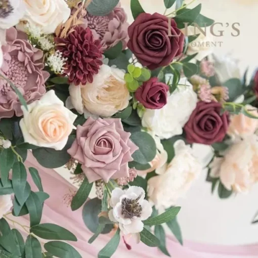Wedding Arch Flowers with Drapes Kit (Pack of 5) - 1pc Artificial Flower Garland 2pcs Artificial Beige Deluxe Swag with 2pcs Sheer Drapes for Wedding Ceremony Arbor Reception Backdrop Rose Floral Deco