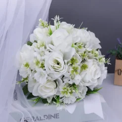Wedding Bouquets for Bride, Artificial Silk Flower White Faux Plastic Bridal Bouquet, Decorative Floral Arrangement for Wedding Photography Props