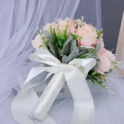 Wedding Bouquets for Bride, Artificial Silk Flower White Faux Plastic Bridal Bouquet, Decorative Floral Arrangement for Wedding Photography Props
