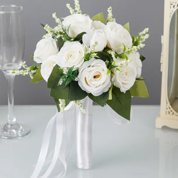 Wedding Bouquets for Bride, Artificial Silk Flower Rose Bridal Bouquet, Western and Forest Style Faux Flowers for Marriage Certificate Ceremony and Wedding Photography Props