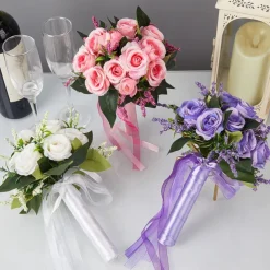 Wedding Bouquets for Bride, Artificial Silk Flower Rose Bridal Bouquet, Western and Forest Style Faux Flowers for Marriage Certificate Ceremony and Wedding Photography Props