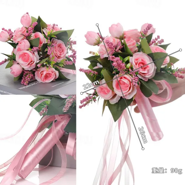 Wedding Bouquets for Bride, Artificial Silk Flower Rose Bridal Bouquet, Western and Forest Style Faux Flowers for Marriage Certificate Ceremony and Wedding Photography Props