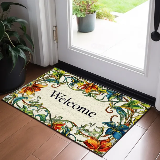 Welcome Floral Doormat Floor Mats Washable Rugs Kitchen Mat Non-Slip Oil Proof Rug Indoor Outdoor Mat Bedroom Decor Bathroom Mat Entrance Rug
