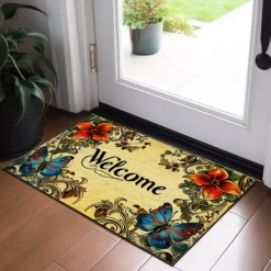 Welcome Floral Doormat Floor Mats Washable Rugs Kitchen Mat Non-Slip Oil Proof Rug Indoor Outdoor Mat Bedroom Decor Bathroom Mat Entrance Rug