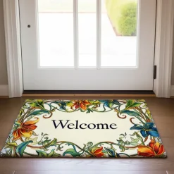 Welcome Floral Doormat Floor Mats Washable Rugs Kitchen Mat Non-Slip Oil Proof Rug Indoor Outdoor Mat Bedroom Decor Bathroom Mat Entrance Rug