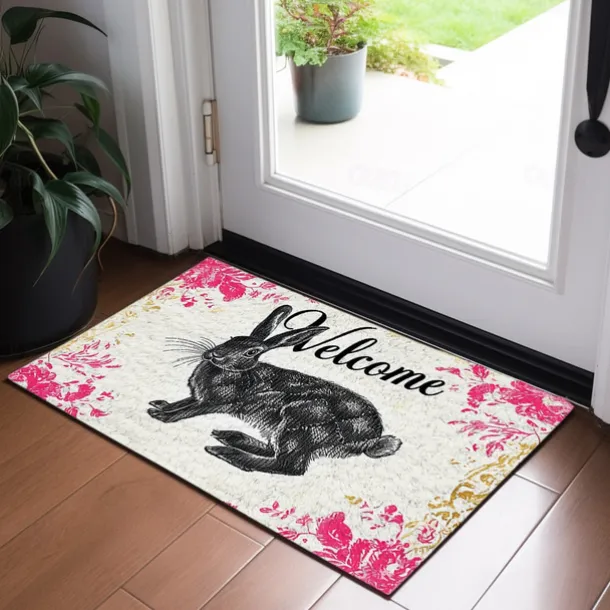 Welcome Rabbits Doormat Floor Mats Washable Rugs Kitchen Mat Non-Slip Oil Proof Rug Indoor Outdoor Mat Bedroom Decor Bathroom Mat Entrance Rug