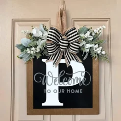 Welcome Signs with Surname for Front Door, Spring Door Wreath with bow, Creative Signs with 26 Letters for Spring Door Decoration