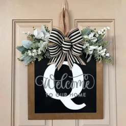 Welcome Signs with Surname for Front Door, Spring Door Wreath with bow, Creative Signs with 26 Letters for Spring Door Decoration