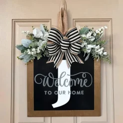 Welcome Signs with Surname for Front Door, Spring Door Wreath with bow, Creative Signs with 26 Letters for Spring Door Decoration
