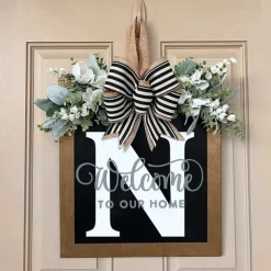 Welcome Signs with Surname for Front Door, Spring Door Wreath with bow, Creative Signs with 26 Letters for Spring Door Decoration