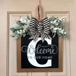 Welcome Signs with Surname for Front Door, Spring Door Wreath with bow, Creative Signs with 26 Letters for Spring Door Decoration