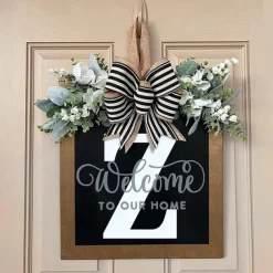 Welcome Signs with Surname for Front Door, Spring Door Wreath with bow, Creative Signs with 26 Letters for Spring Door Decoration