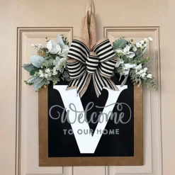 Welcome Signs with Surname for Front Door, Spring Door Wreath with bow, Creative Signs with 26 Letters for Spring Door Decoration