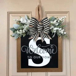 Welcome Signs with Surname for Front Door, Spring Door Wreath with bow, Creative Signs with 26 Letters for Spring Door Decoration