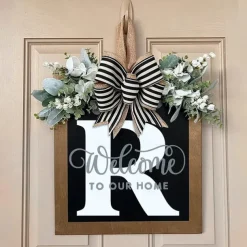 Welcome Signs with Surname for Front Door, Spring Door Wreath with bow, Creative Signs with 26 Letters for Spring Door Decoration