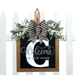Welcome Signs with Surname for Front Door, Spring Door Wreath with bow, Creative Signs with 26 Letters for Spring Door Decoration