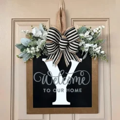 Welcome Signs with Surname for Front Door, Spring Door Wreath with bow, Creative Signs with 26 Letters for Spring Door Decoration