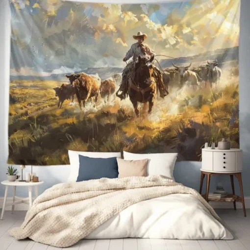 Western Cow Man Desert Hanging Tapestry Wall Art Large Tapestry Mural Decor Photograph Backdrop Blanket Curtain Home Bedroom Living Room Decoration