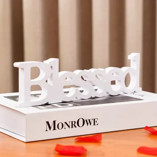 White "Blessed" Letter Tabletop Decor, PVC Freestanding Letter Sign, Warm Indoor Decoration for Wedding, Valentine's Day, Anniversary, Party, and Home Table Display