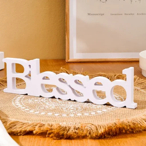 White "Blessed" Letter Tabletop Decor, PVC Freestanding Letter Sign, Warm Indoor Decoration for Wedding, Valentine's Day, Anniversary, Party, and Home Table Display