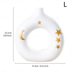 White Circular Resin Vase with Gold Star and Moon Accents – Islamic Festival Centerpiece for Ramadan, Eid, and Home Decor – Elegant Flower Holder for Entryway, Table, and Celebration