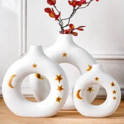 White Circular Resin Vase with Gold Star and Moon Accents – Islamic Festival Centerpiece for Ramadan, Eid, and Home Decor – Elegant Flower Holder for Entryway, Table, and Celebration