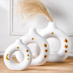 White Circular Resin Vase with Gold Star and Moon Accents – Islamic Festival Centerpiece for Ramadan, Eid, and Home Decor – Elegant Flower Holder for Entryway, Table, and Celebration