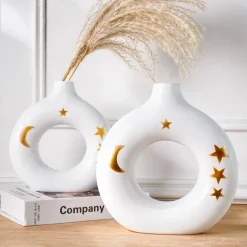 White Circular Resin Vase with Gold Star and Moon Accents – Islamic Festival Centerpiece for Ramadan, Eid, and Home Decor – Elegant Flower Holder for Entryway, Table, and Celebration